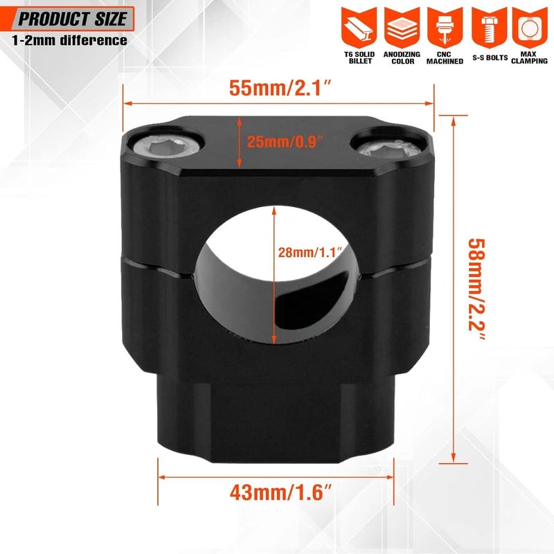 fewfuss Universal Dirt Bike Handlebar Mounts- Motorcycle Handlebar Riser Mounting Kit 1-1/8" Black - Image 3